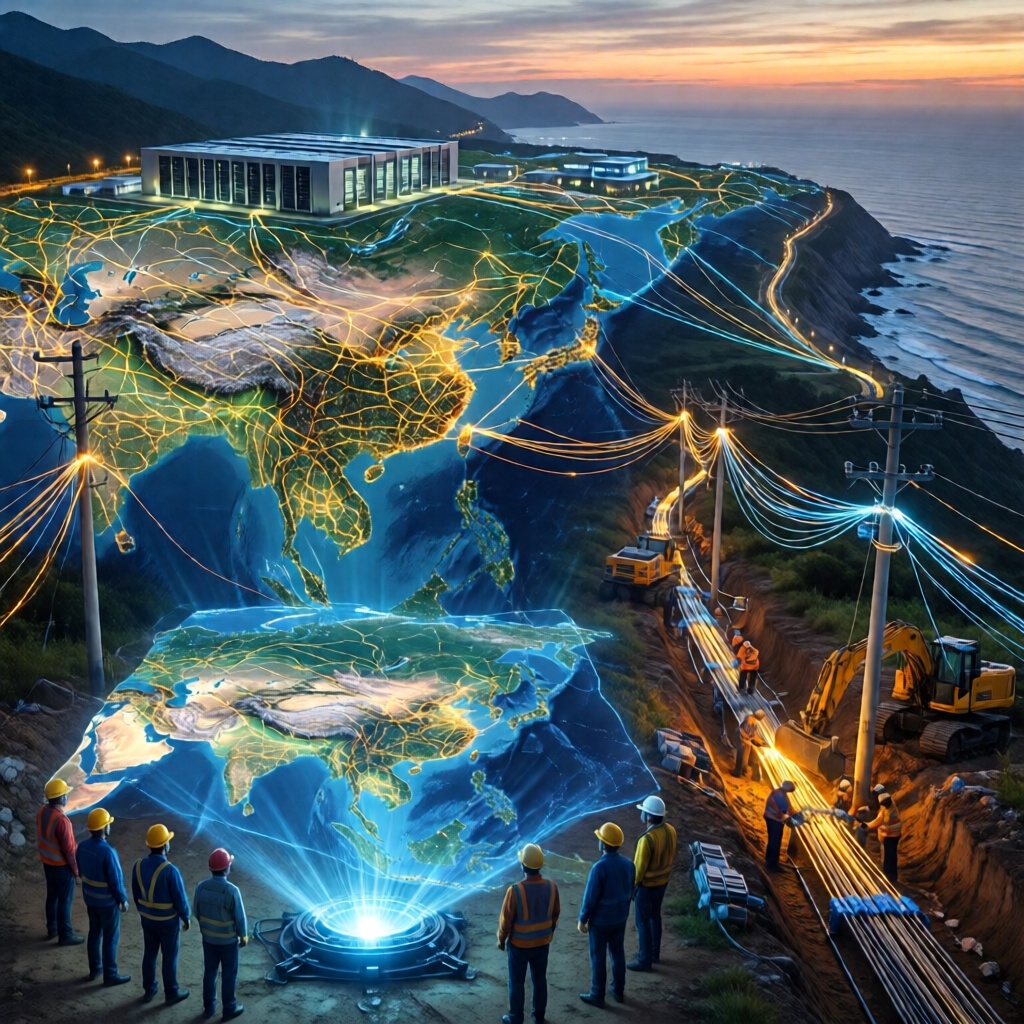 Modern infographic world map focused on Asia and the Middle East fiber infrastructure