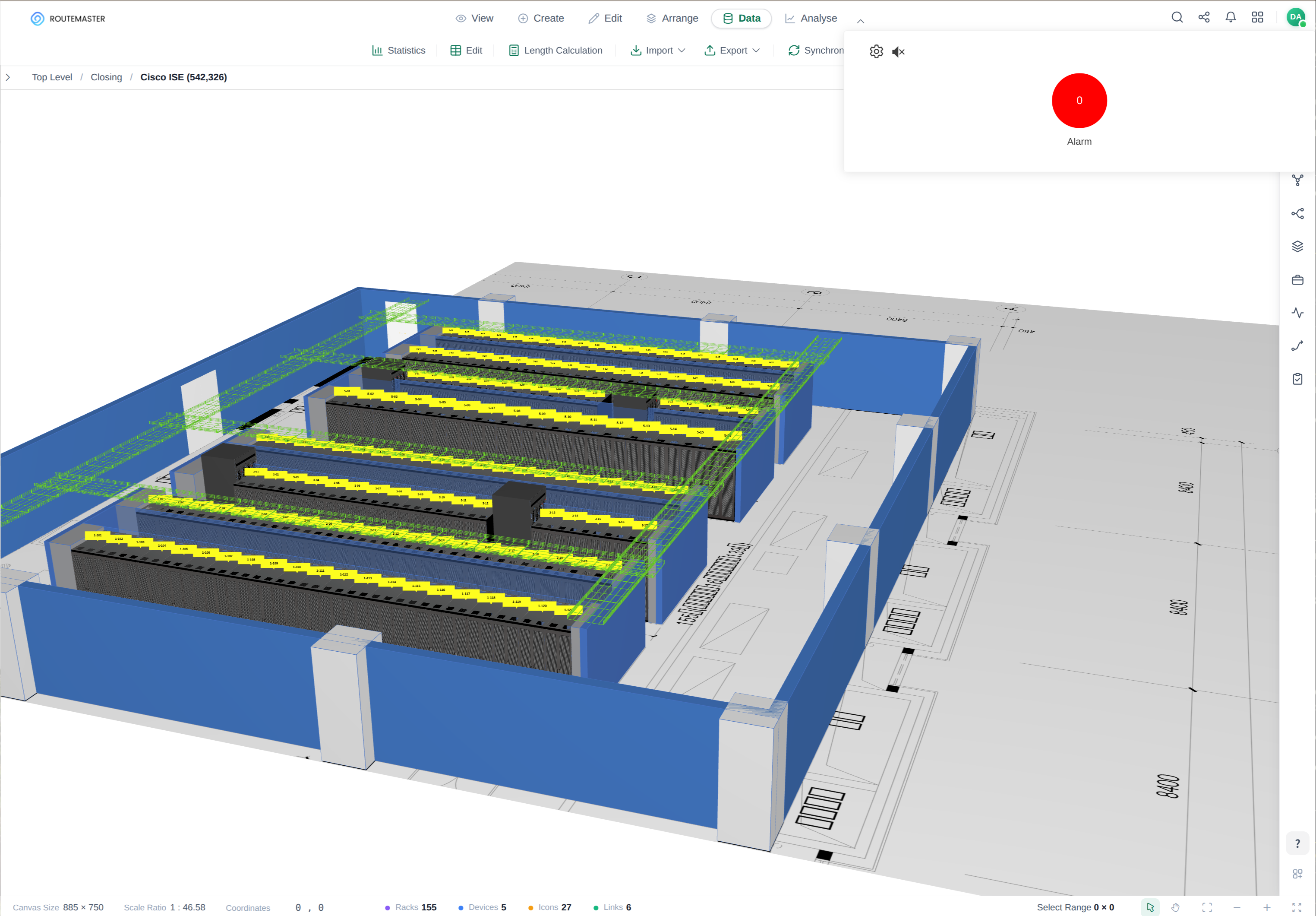 Location of the alarm panel in the software, with editable alarm types
